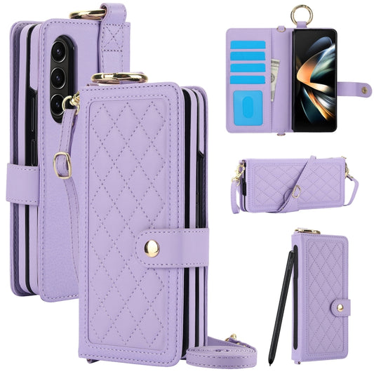 For Samsung Galaxy Z Fold3 Splicing Rhombic Texture Phone Case with Long & Short Lanyard, Not Included Pen(Purple) - Galaxy Phone Cases by buy2fix | Online Shopping UK | buy2fix