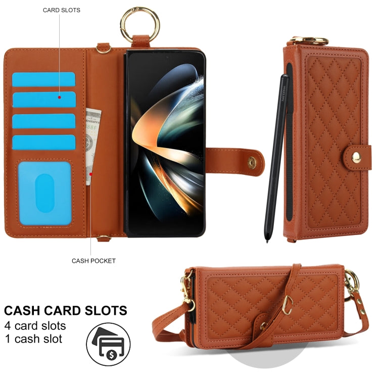 For Samsung Galaxy Z Fold3 Splicing Rhombic Texture Phone Case with Long & Short Lanyard, Not Included Pen(Brown) - Galaxy Phone Cases by buy2fix | Online Shopping UK | buy2fix