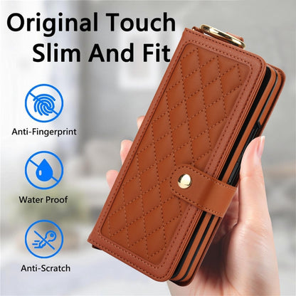For Samsung Galaxy Z Fold3 Splicing Rhombic Texture Phone Case with Long & Short Lanyard, Not Included Pen(Brown) - Galaxy Phone Cases by buy2fix | Online Shopping UK | buy2fix