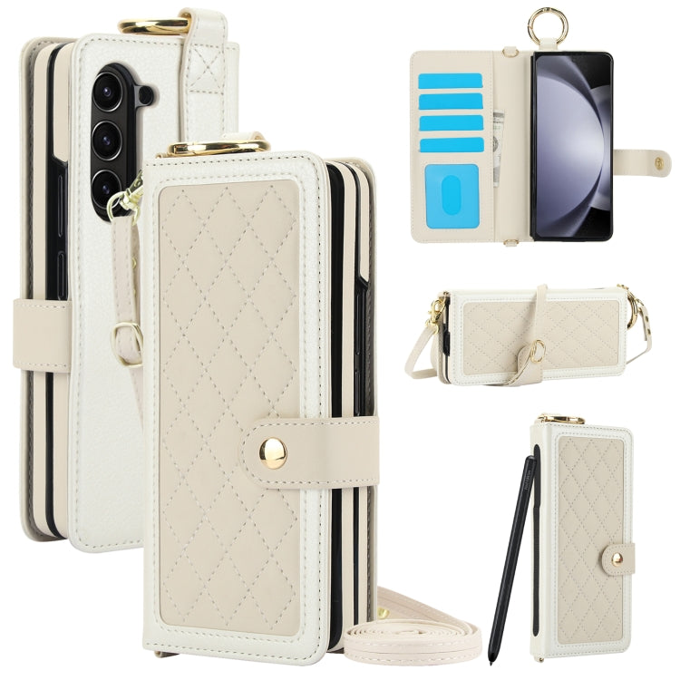 For Samsung Galaxy Z Fold5 Splicing Rhombic Texture Phone Case with Long & Short Lanyard, Not Included Pen(Beige) - Galaxy Z Fold5 Cases by buy2fix | Online Shopping UK | buy2fix