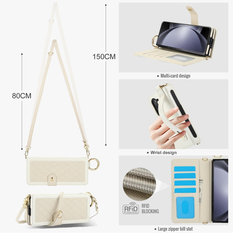For Samsung Galaxy Z Fold5 Splicing Rhombic Texture Phone Case with Long & Short Lanyard, Not Included Pen(Beige) - Galaxy Z Fold5 Cases by buy2fix | Online Shopping UK | buy2fix