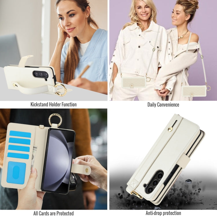 For Samsung Galaxy Z Fold5 Splicing Rhombic Texture Phone Case with Long & Short Lanyard, Not Included Pen(Beige) - Galaxy Z Fold5 Cases by buy2fix | Online Shopping UK | buy2fix