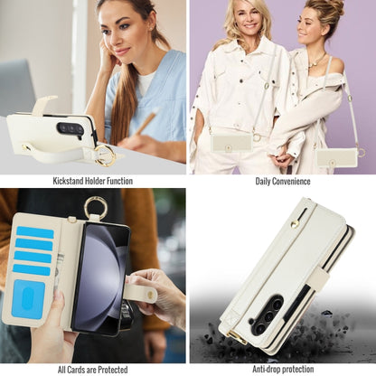 For Samsung Galaxy Z Fold5 Splicing Rhombic Texture Phone Case with Long & Short Lanyard, Not Included Pen(Beige) - Galaxy Z Fold5 Cases by buy2fix | Online Shopping UK | buy2fix