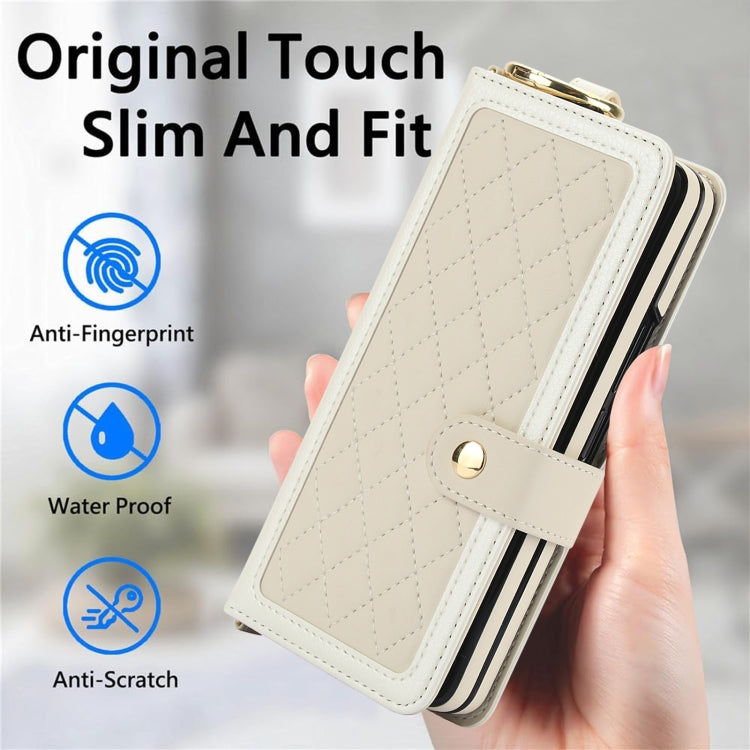 For Samsung Galaxy Z Fold5 Splicing Rhombic Texture Phone Case with Long & Short Lanyard, Not Included Pen(Beige) - Galaxy Z Fold5 Cases by buy2fix | Online Shopping UK | buy2fix