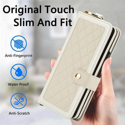 For Samsung Galaxy Z Fold5 Splicing Rhombic Texture Phone Case with Long & Short Lanyard, Not Included Pen(Beige) - Galaxy Z Fold5 Cases by buy2fix | Online Shopping UK | buy2fix