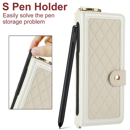 For Samsung Galaxy Z Fold5 Splicing Rhombic Texture Phone Case with Long & Short Lanyard, Not Included Pen(Beige) - Galaxy Z Fold5 Cases by buy2fix | Online Shopping UK | buy2fix