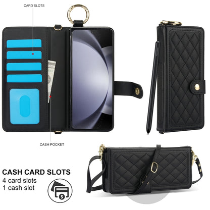 For Samsung Galaxy Z Fold5 Splicing Rhombic Texture Phone Case with Long & Short Lanyard, Not Included Pen(Black) - Galaxy Z Fold5 Cases by buy2fix | Online Shopping UK | buy2fix