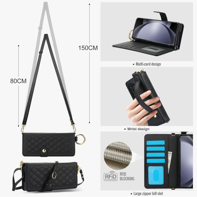 For Samsung Galaxy Z Fold5 Splicing Rhombic Texture Phone Case with Long & Short Lanyard, Not Included Pen(Black) - Galaxy Z Fold5 Cases by buy2fix | Online Shopping UK | buy2fix