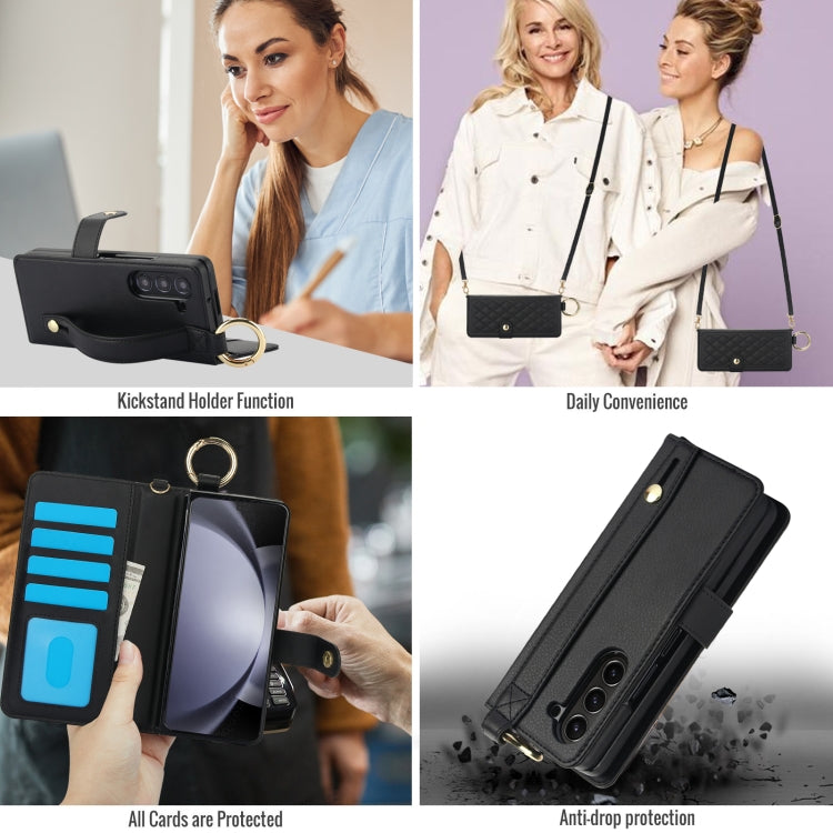 For Samsung Galaxy Z Fold5 Splicing Rhombic Texture Phone Case with Long & Short Lanyard, Not Included Pen(Black) - Galaxy Z Fold5 Cases by buy2fix | Online Shopping UK | buy2fix