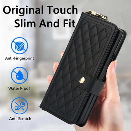 For Samsung Galaxy Z Fold5 Splicing Rhombic Texture Phone Case with Long & Short Lanyard, Not Included Pen(Black) - Galaxy Z Fold5 Cases by buy2fix | Online Shopping UK | buy2fix