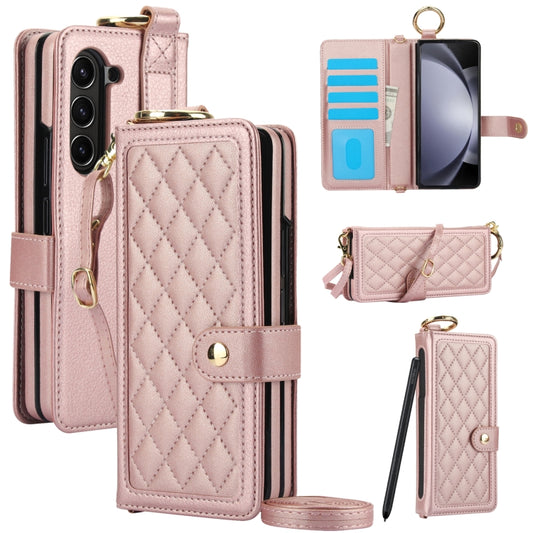 For Samsung Galaxy Z Fold5 Splicing Rhombic Texture Phone Case with Long & Short Lanyard, Not Included Pen(Rose Gold) - Galaxy Z Fold5 Cases by buy2fix | Online Shopping UK | buy2fix