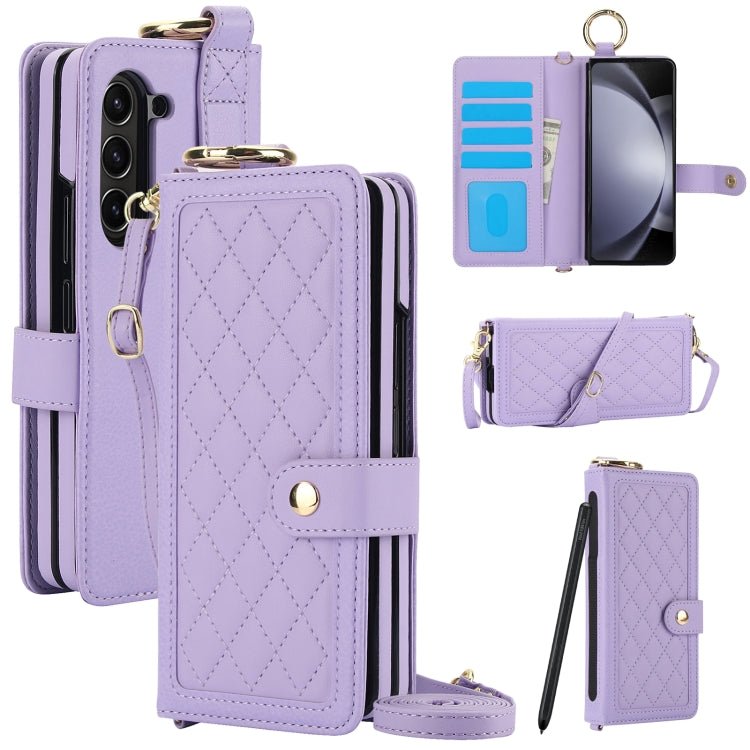 For Samsung Galaxy Z Fold5 Splicing Rhombic Texture Phone Case with Long & Short Lanyard, Not Included Pen(Purple) - Galaxy Z Fold5 Cases by buy2fix | Online Shopping UK | buy2fix
