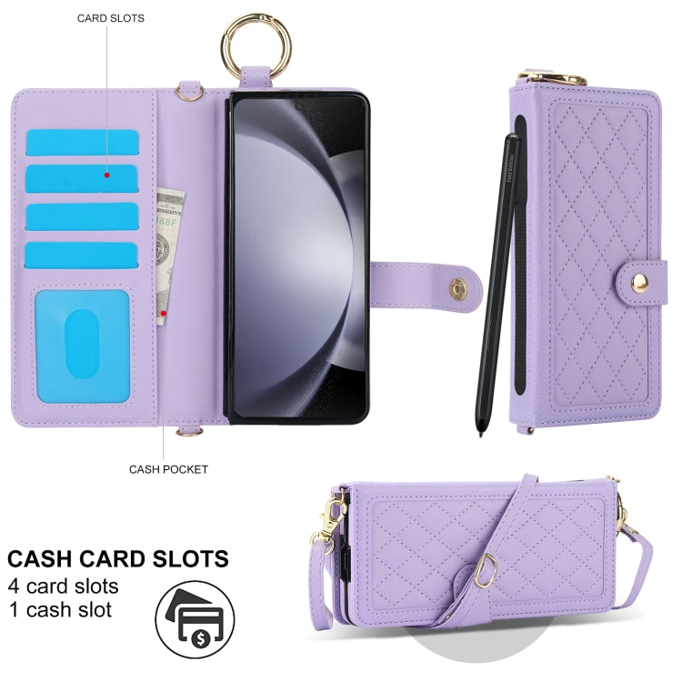 For Samsung Galaxy Z Fold5 Splicing Rhombic Texture Phone Case with Long & Short Lanyard, Not Included Pen(Purple) - Galaxy Z Fold5 Cases by buy2fix | Online Shopping UK | buy2fix