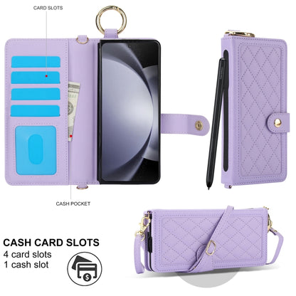 For Samsung Galaxy Z Fold5 Splicing Rhombic Texture Phone Case with Long & Short Lanyard, Not Included Pen(Purple) - Galaxy Z Fold5 Cases by buy2fix | Online Shopping UK | buy2fix