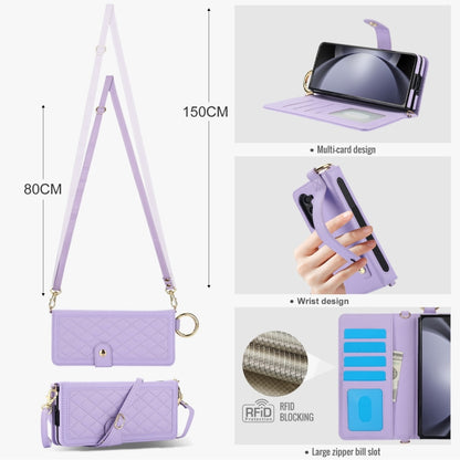For Samsung Galaxy Z Fold5 Splicing Rhombic Texture Phone Case with Long & Short Lanyard, Not Included Pen(Purple) - Galaxy Z Fold5 Cases by buy2fix | Online Shopping UK | buy2fix