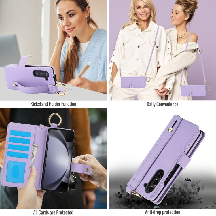 For Samsung Galaxy Z Fold5 Splicing Rhombic Texture Phone Case with Long & Short Lanyard, Not Included Pen(Purple) - Galaxy Z Fold5 Cases by buy2fix | Online Shopping UK | buy2fix