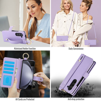 For Samsung Galaxy Z Fold5 Splicing Rhombic Texture Phone Case with Long & Short Lanyard, Not Included Pen(Purple) - Galaxy Z Fold5 Cases by buy2fix | Online Shopping UK | buy2fix