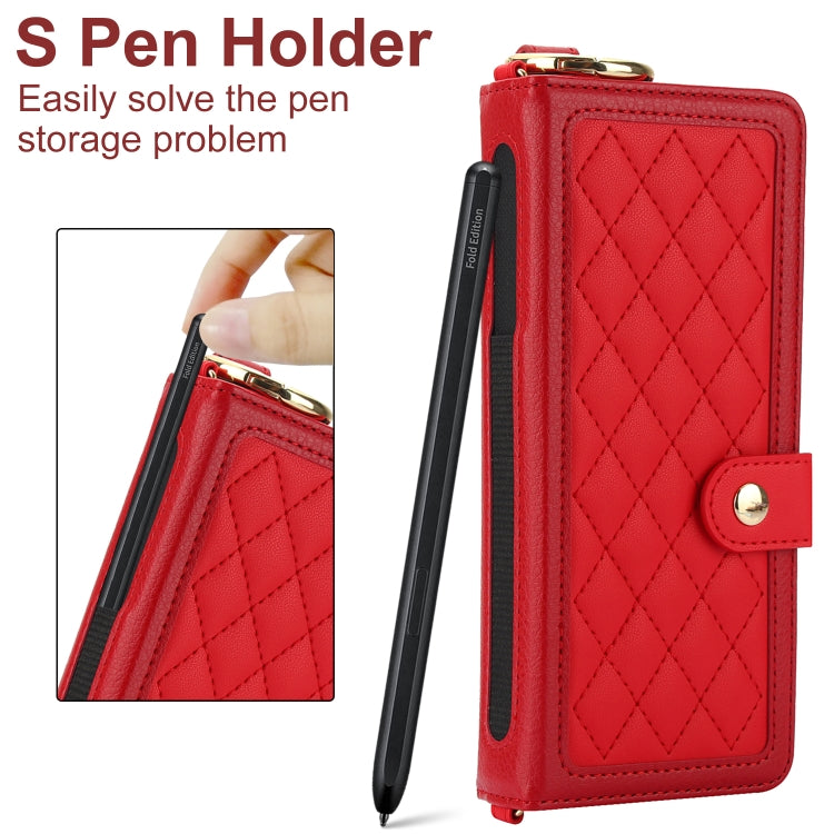 For Samsung Galaxy Z Fold5 Splicing Rhombic Texture Phone Case with Long & Short Lanyard, Not Included Pen(Red) - Galaxy Z Fold5 Cases by buy2fix | Online Shopping UK | buy2fix