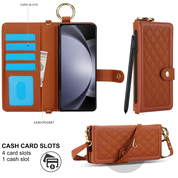 For Samsung Galaxy Z Fold5 Splicing Rhombic Texture Phone Case with Long & Short Lanyard, Not Included Pen(Brown) - Galaxy Z Fold5 Cases by buy2fix | Online Shopping UK | buy2fix