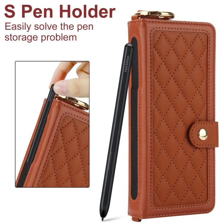 For Samsung Galaxy Z Fold5 Splicing Rhombic Texture Phone Case with Long & Short Lanyard, Not Included Pen(Brown) - Galaxy Z Fold5 Cases by buy2fix | Online Shopping UK | buy2fix