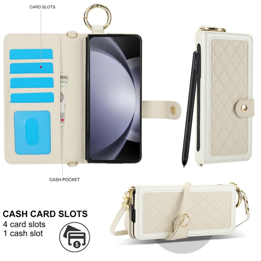 For Samsung Galaxy Z Fold6 Splicing Rhombic Texture Phone Case with Long & Short Lanyard, Not Included Pen(Beige) - Galaxy Z Fold6 5G Cases by buy2fix | Online Shopping UK | buy2fix