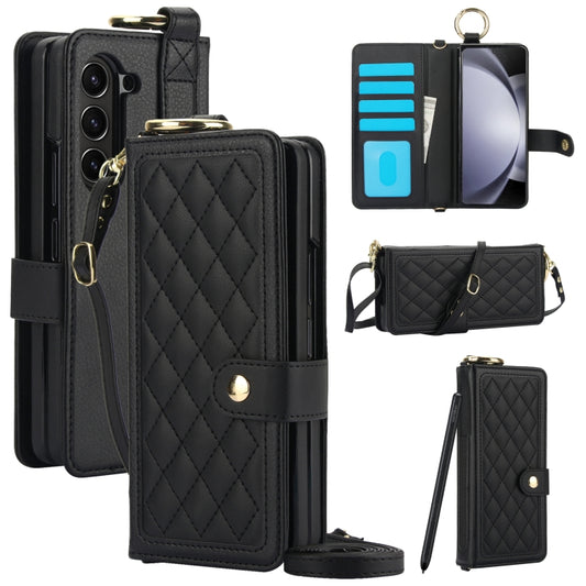 For Samsung Galaxy Z Fold6 Splicing Rhombic Texture Phone Case with Long & Short Lanyard, Not Included Pen(Black) - Galaxy Z Fold6 5G Cases by buy2fix | Online Shopping UK | buy2fix