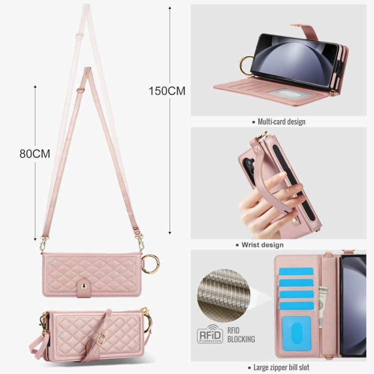 For Samsung Galaxy Z Fold6 Splicing Rhombic Texture Phone Case with Long & Short Lanyard, Not Included Pen(Rose Gold) - Galaxy Z Fold6 5G Cases by buy2fix | Online Shopping UK | buy2fix
