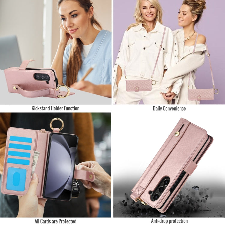 For Samsung Galaxy Z Fold6 Splicing Rhombic Texture Phone Case with Long & Short Lanyard, Not Included Pen(Rose Gold) - Galaxy Z Fold6 5G Cases by buy2fix | Online Shopping UK | buy2fix