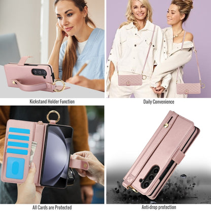 For Samsung Galaxy Z Fold6 Splicing Rhombic Texture Phone Case with Long & Short Lanyard, Not Included Pen(Rose Gold) - Galaxy Z Fold6 5G Cases by buy2fix | Online Shopping UK | buy2fix