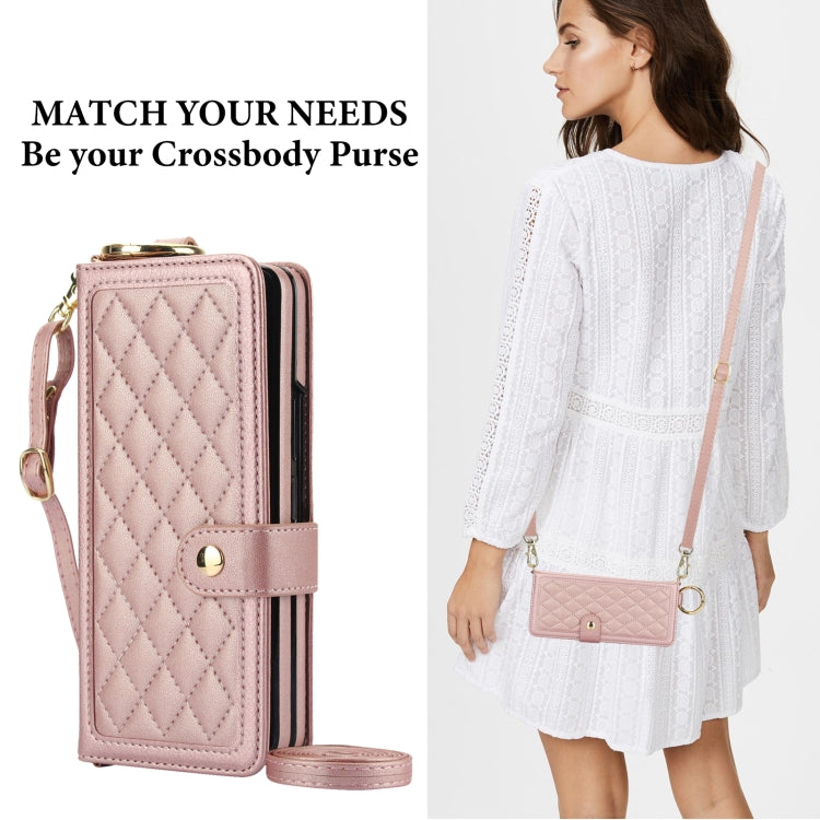 For Samsung Galaxy Z Fold6 Splicing Rhombic Texture Phone Case with Long & Short Lanyard, Not Included Pen(Rose Gold) - Galaxy Z Fold6 5G Cases by buy2fix | Online Shopping UK | buy2fix