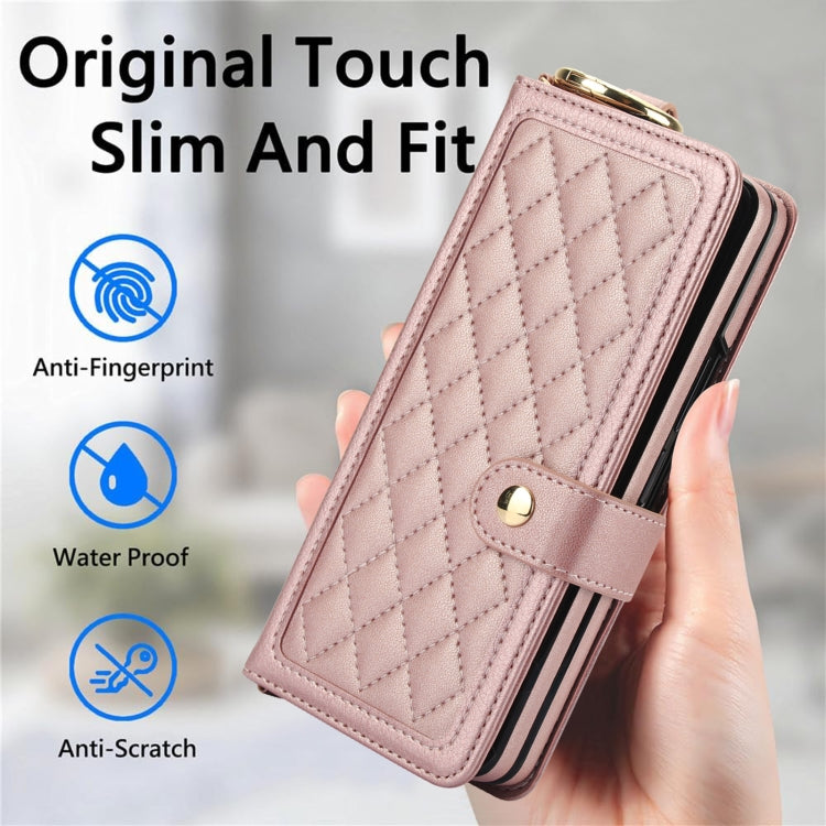 For Samsung Galaxy Z Fold6 Splicing Rhombic Texture Phone Case with Long & Short Lanyard, Not Included Pen(Rose Gold) - Galaxy Z Fold6 5G Cases by buy2fix | Online Shopping UK | buy2fix
