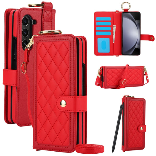 For Samsung Galaxy Z Fold6 Splicing Rhombic Texture Phone Case with Long & Short Lanyard, Not Included Pen(Red) - Galaxy Z Fold6 5G Cases by buy2fix | Online Shopping UK | buy2fix