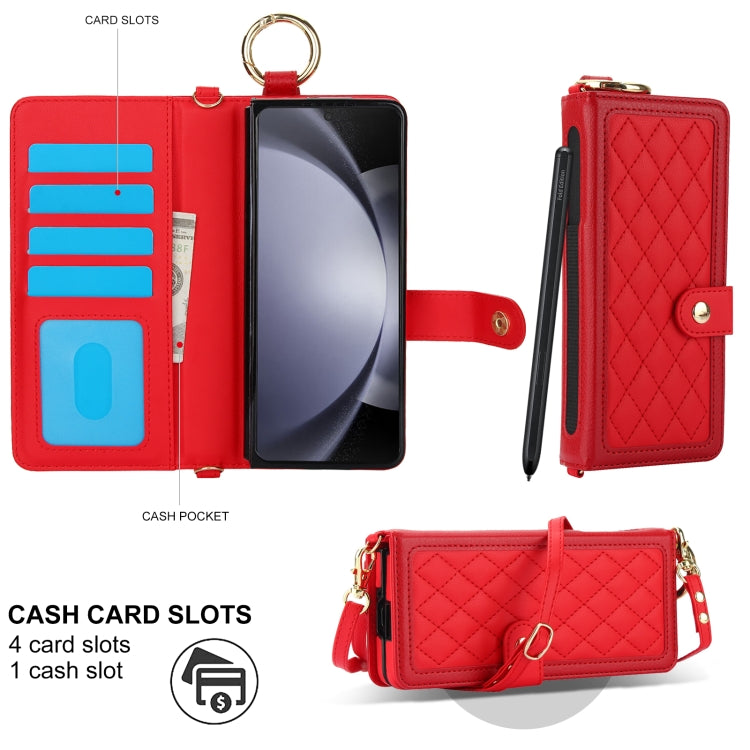For Samsung Galaxy Z Fold6 Splicing Rhombic Texture Phone Case with Long & Short Lanyard, Not Included Pen(Red) - Galaxy Z Fold6 5G Cases by buy2fix | Online Shopping UK | buy2fix