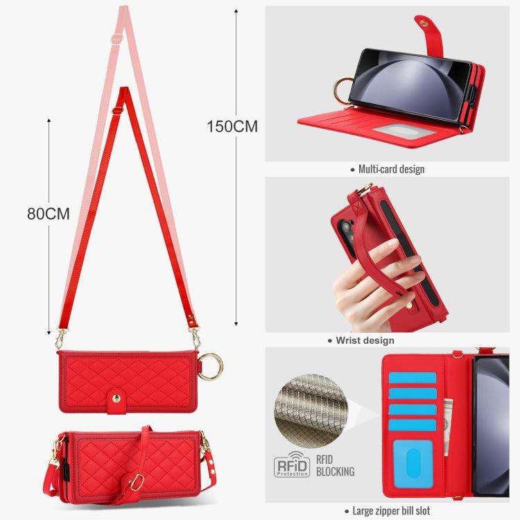 For Samsung Galaxy Z Fold6 Splicing Rhombic Texture Phone Case with Long & Short Lanyard, Not Included Pen(Red) - Galaxy Z Fold6 5G Cases by buy2fix | Online Shopping UK | buy2fix