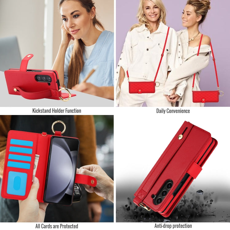 For Samsung Galaxy Z Fold6 Splicing Rhombic Texture Phone Case with Long & Short Lanyard, Not Included Pen(Red) - Galaxy Z Fold6 5G Cases by buy2fix | Online Shopping UK | buy2fix