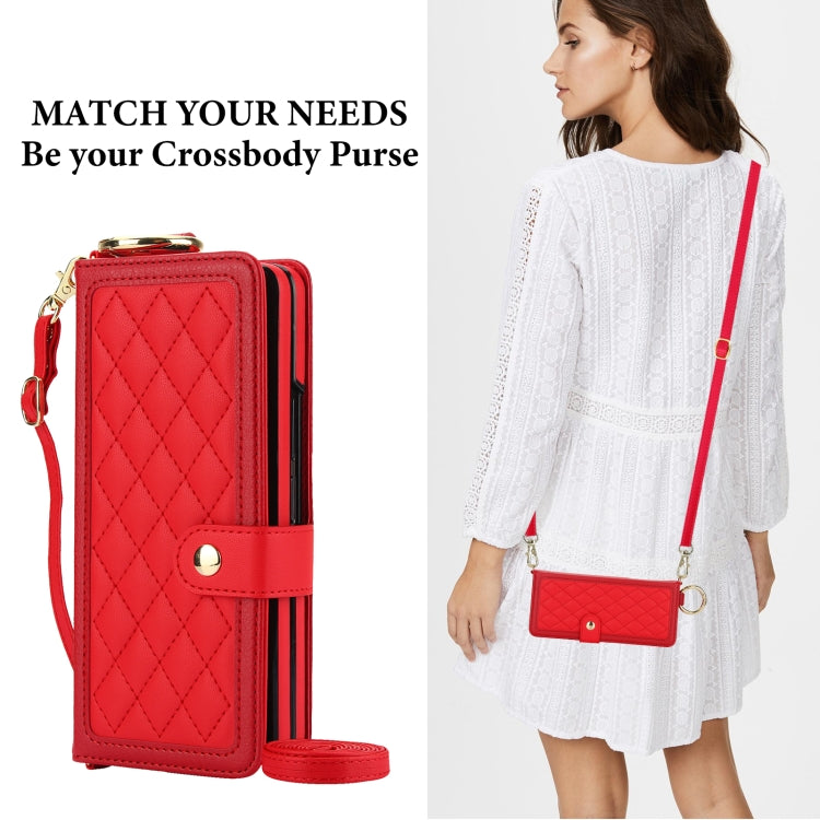 For Samsung Galaxy Z Fold6 Splicing Rhombic Texture Phone Case with Long & Short Lanyard, Not Included Pen(Red) - Galaxy Z Fold6 5G Cases by buy2fix | Online Shopping UK | buy2fix