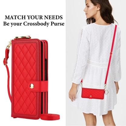 For Samsung Galaxy Z Fold6 Splicing Rhombic Texture Phone Case with Long & Short Lanyard, Not Included Pen(Red) - Galaxy Z Fold6 5G Cases by buy2fix | Online Shopping UK | buy2fix