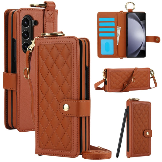 For Samsung Galaxy Z Fold6 Splicing Rhombic Texture Phone Case with Long & Short Lanyard, Not Included Pen(Brown) - Galaxy Z Fold6 5G Cases by buy2fix | Online Shopping UK | buy2fix