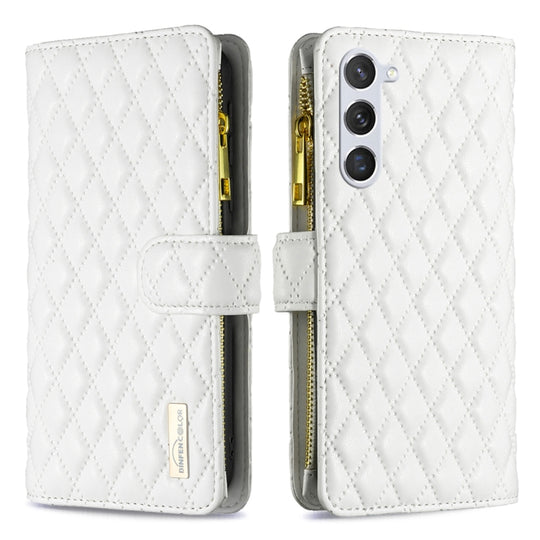 For Samsung Galaxy S25+ 5G Diamond Lattice Zipper Wallet Leather Flip Phone Case(White)