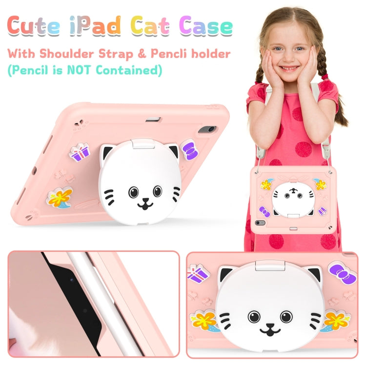 For iPad Air 11 2025 / 2024 Cat Holder Silicone Hybrid PC Tablet Case with Strap(Rose Pink) by buy2fix