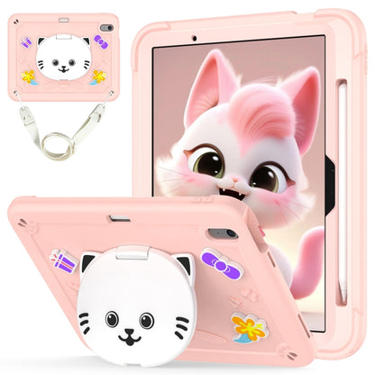 For iPad Air 11 2025 / 2024 Cat Holder Silicone Hybrid PC Tablet Case with Strap(Rose Pink) by buy2fix