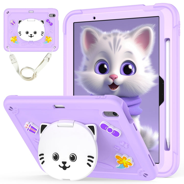 For iPad Air 11 2025 / 2024 Cat Holder Silicone Hybrid PC Tablet Case with Strap(Purple) by buy2fix