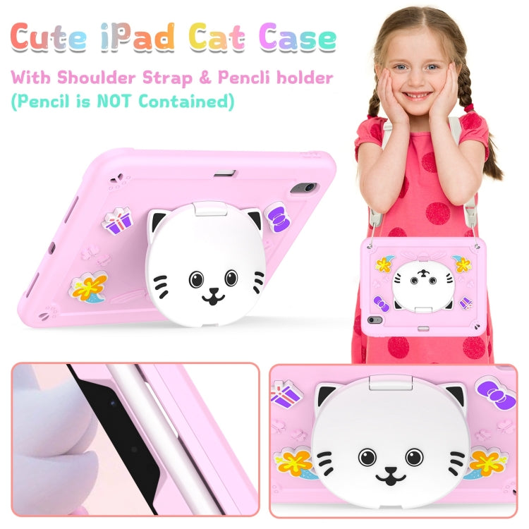For iPad Air 11 2025 / 2024 Cat Holder Silicone Hybrid PC Tablet Case with Strap(Cherry Blossom Pink) by buy2fix