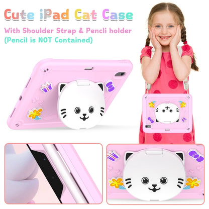 For iPad Air 11 2025 / 2024 Cat Holder Silicone Hybrid PC Tablet Case with Strap(Cherry Blossom Pink) by buy2fix