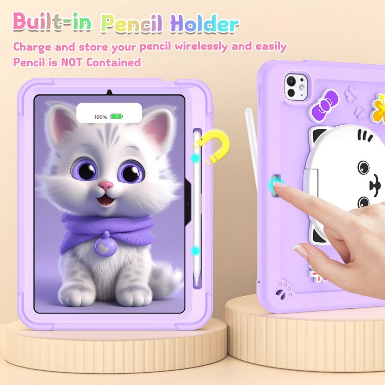 For iPad Pro 11 2025 / 2024 Cat Holder Silicone Hybrid PC Tablet Case with Strap(Purple) by buy2fix