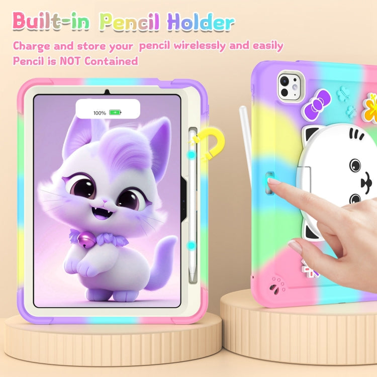 For iPad Pro 11 2025 / 2024 Cat Holder Silicone Hybrid PC Tablet Case with Strap(Colorful Purple) by buy2fix