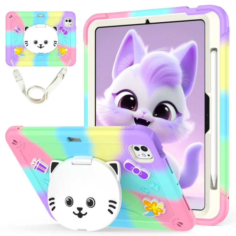 For iPad Pro 11 2025 / 2024 Cat Holder Silicone Hybrid PC Tablet Case with Strap(Colorful Purple) by buy2fix