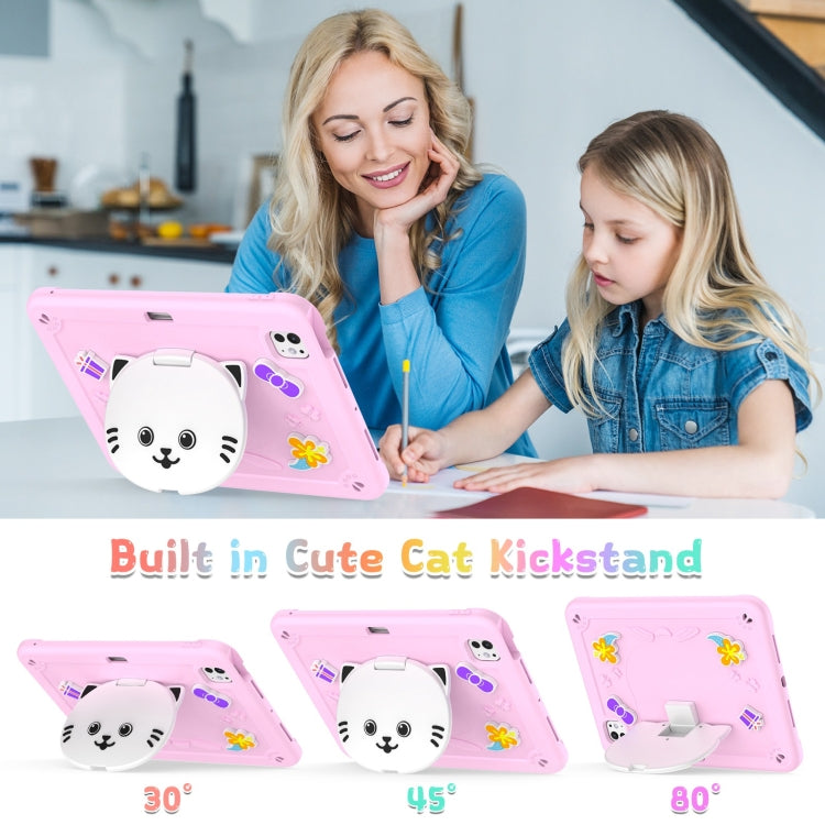 For iPad Pro 11 2025 / 2024 Cat Holder Silicone Hybrid PC Tablet Case with Strap(Cherry Blossom Pink) by buy2fix