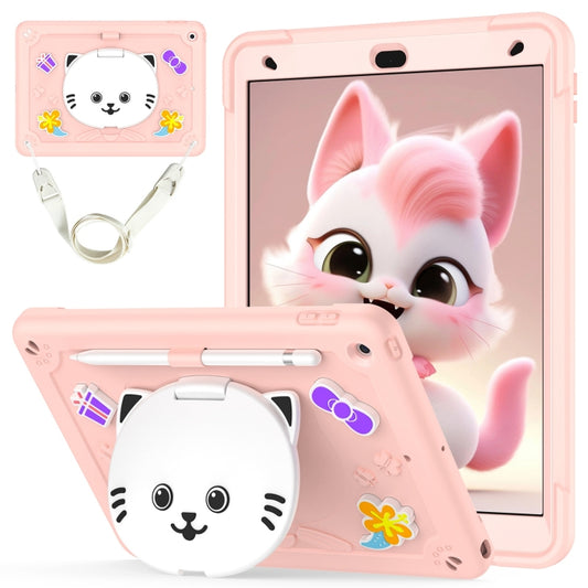 For iPad 10.2 2021 / 2020 / 2019 Cat Holder Silicone Hybrid PC Tablet Case with Strap(Rose Pink) - iPad 10.2 Cases by buy2fix | Online Shopping UK | buy2fix