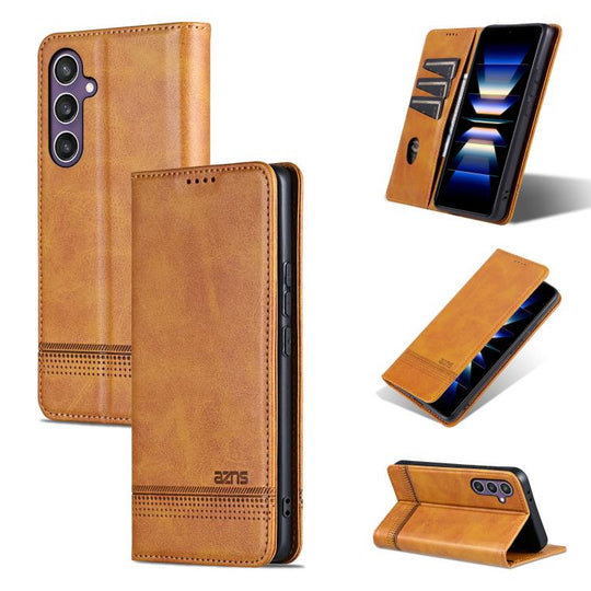 For Samsung Galaxy S25 FE 5G AZNS Magnetic Calf Texture Flip Leather Phone Case(Light Brown)